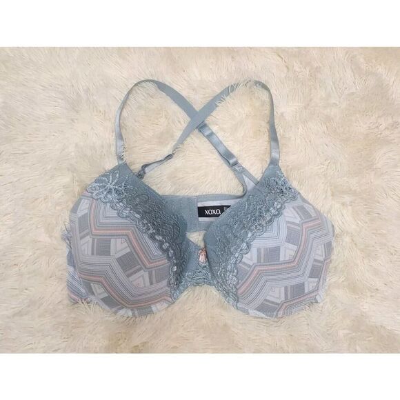 XOXO Womens Chevron Blue Lace Molded Cup Size 40D Push up Underwire Bra - Picture 1 of 6